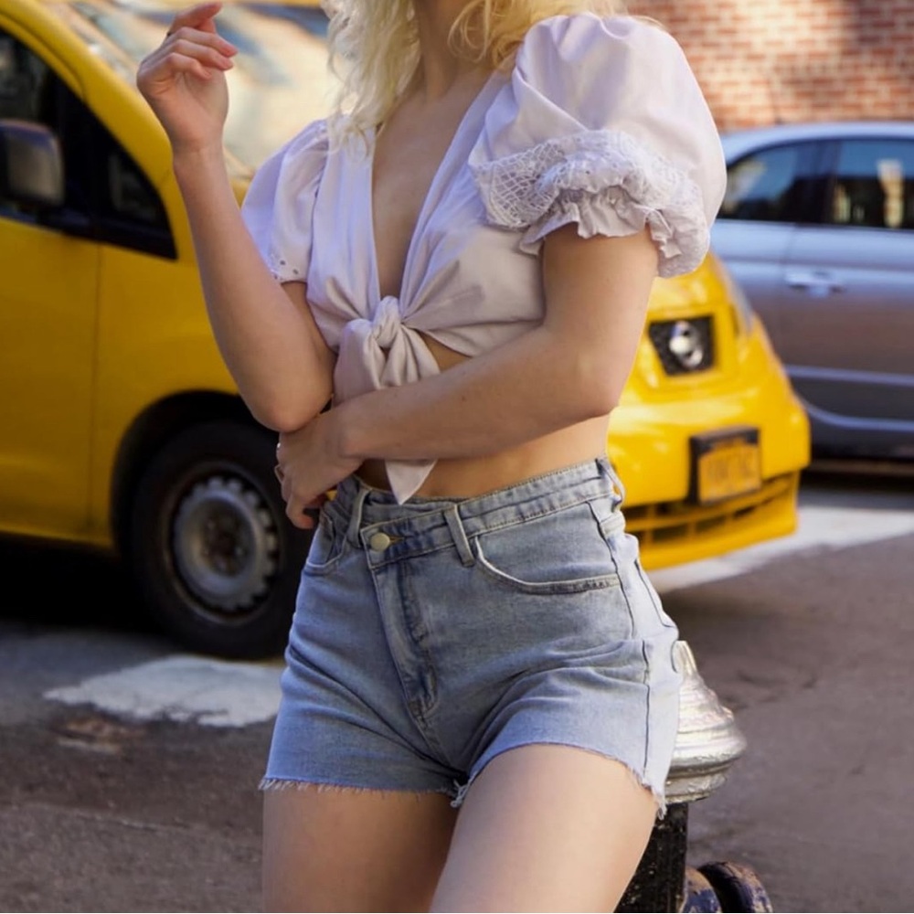 High-Waisted Crossover Jean Shorts